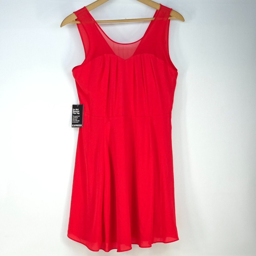 Express Red Sleeveless Fit Flare Dress Womens 12 Pleated Mesh Party Cocktail NWT